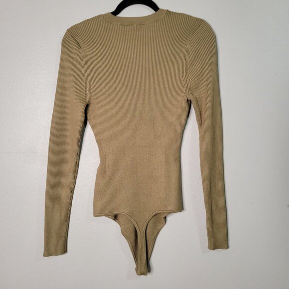 Abercrombie & Fitch Women's L Scoop Neck Rib Knit Bodysuit Olive Green Long Slee - Picture 2 of 6